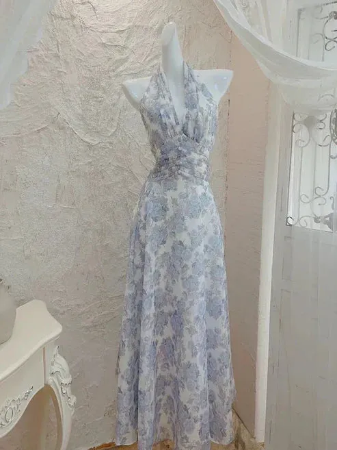 Elegant A Line Halter Floral Chiffon Long Evening Dress Outfits Charming Formal Dress Party Dress