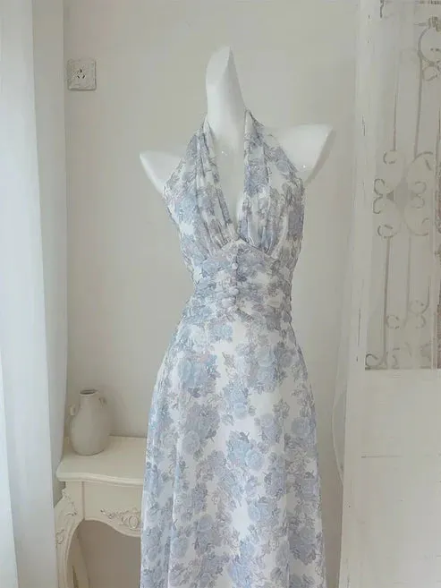 Elegant A Line Halter Floral Chiffon Long Evening Dress Outfits Charming Formal Dress Party Dress
