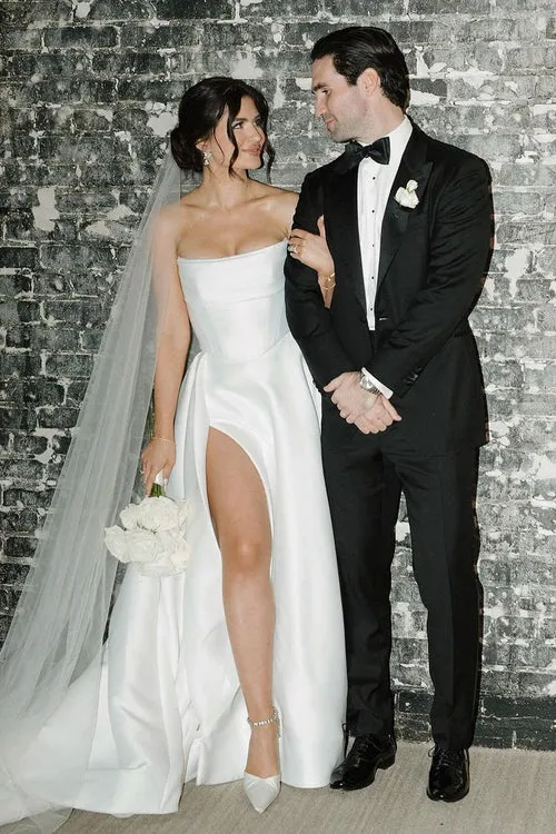 Elegant A-Line Strapless Satin Charming Wedding Dresses with Slit