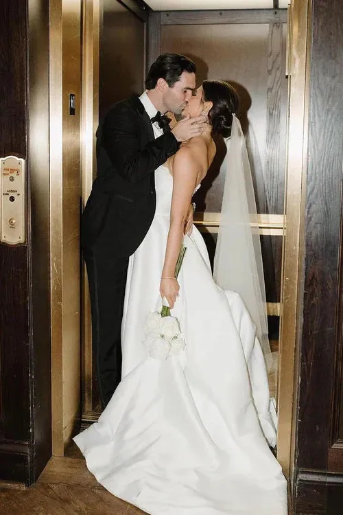 Elegant A-Line Strapless Satin Charming Wedding Dresses with Slit