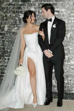Elegant A-Line Strapless Satin Charming Wedding Dresses with Slit