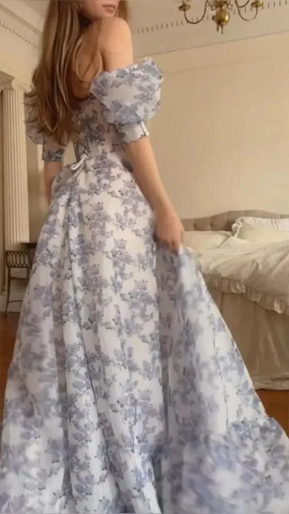 Floral Short Sleeves A-Line Chiffon Long Prom Dress Off Shoulder Charming Evening Dress Wholesale