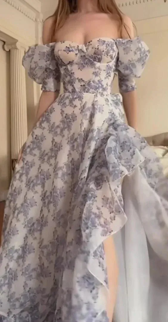 Floral Short Sleeves A-Line Chiffon Long Prom Dress Off Shoulder Charming Evening Dress Wholesale