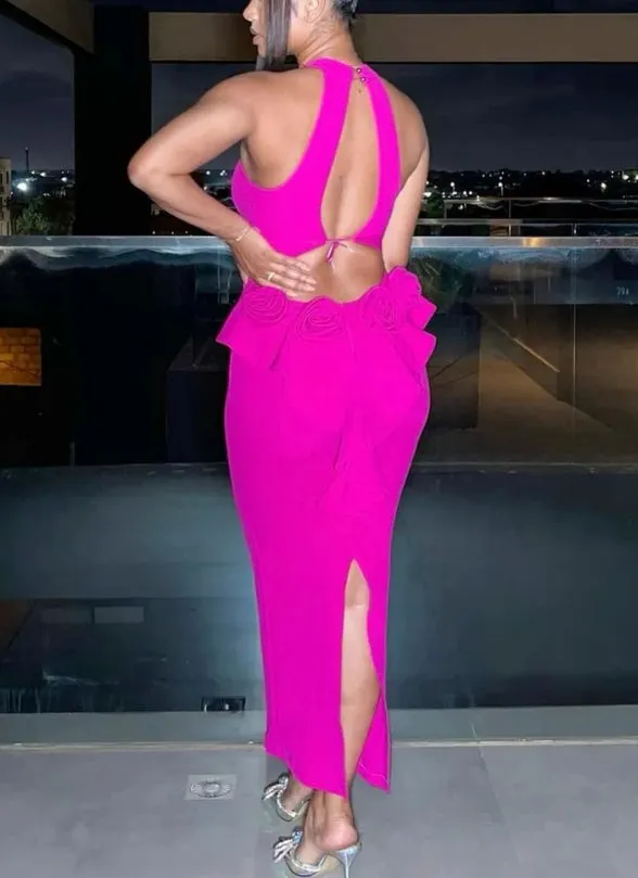 Fuchsia Halter Ankle Length Mermaid Evening Party Dress Charming Formal Dress Solid Color