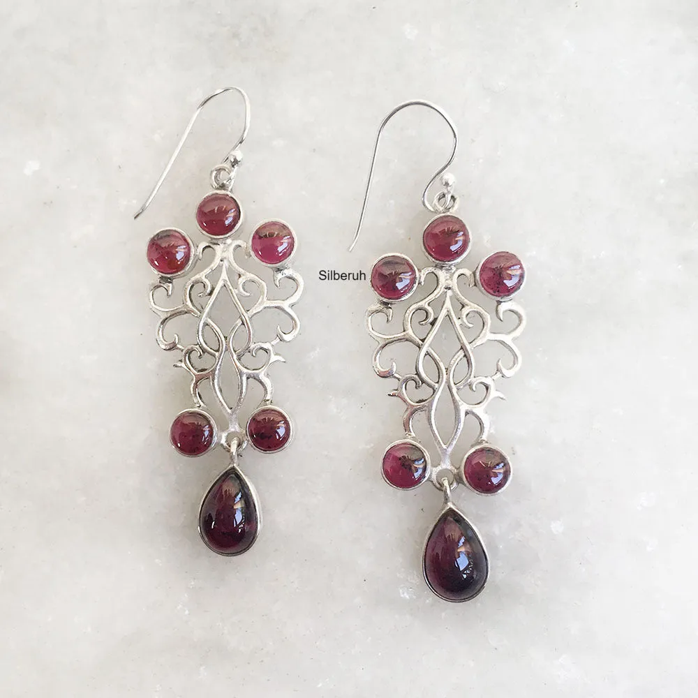 Garnet Filigree Silver Earring