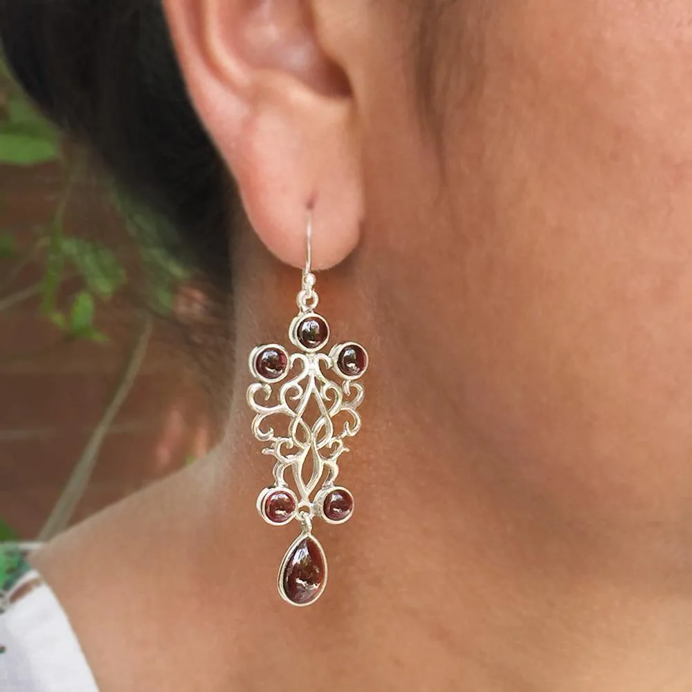 Garnet Filigree Silver Earring