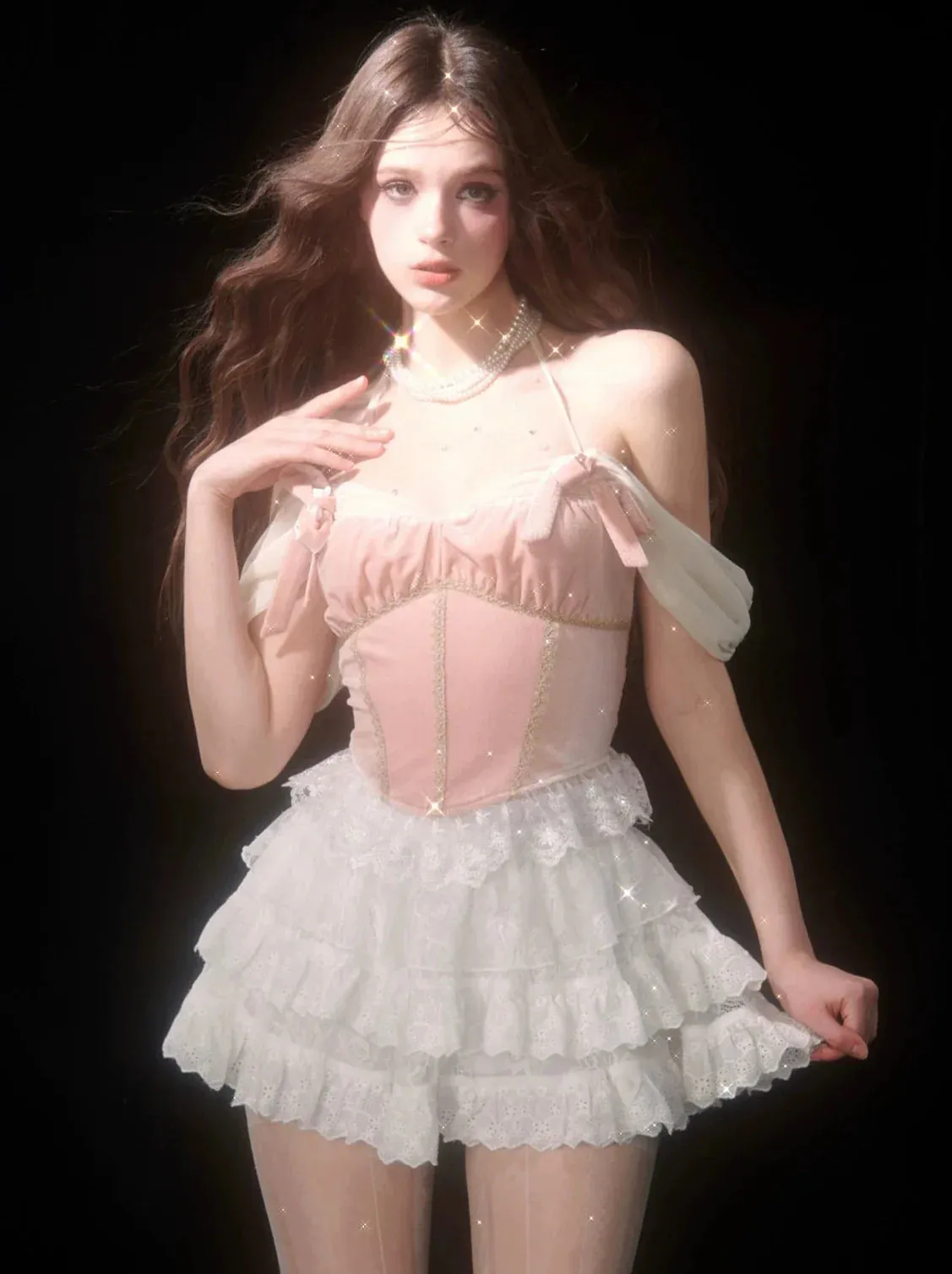 Lace White Lace Off-the-shoulder Cake Style   Ballet Skirt Top Pink Velvet Strap