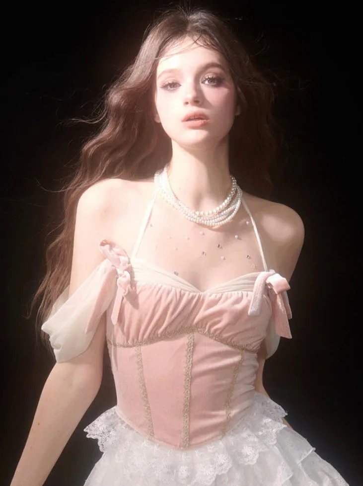 Lace White Lace Off-the-shoulder Cake Style   Ballet Skirt Top Pink Velvet Strap