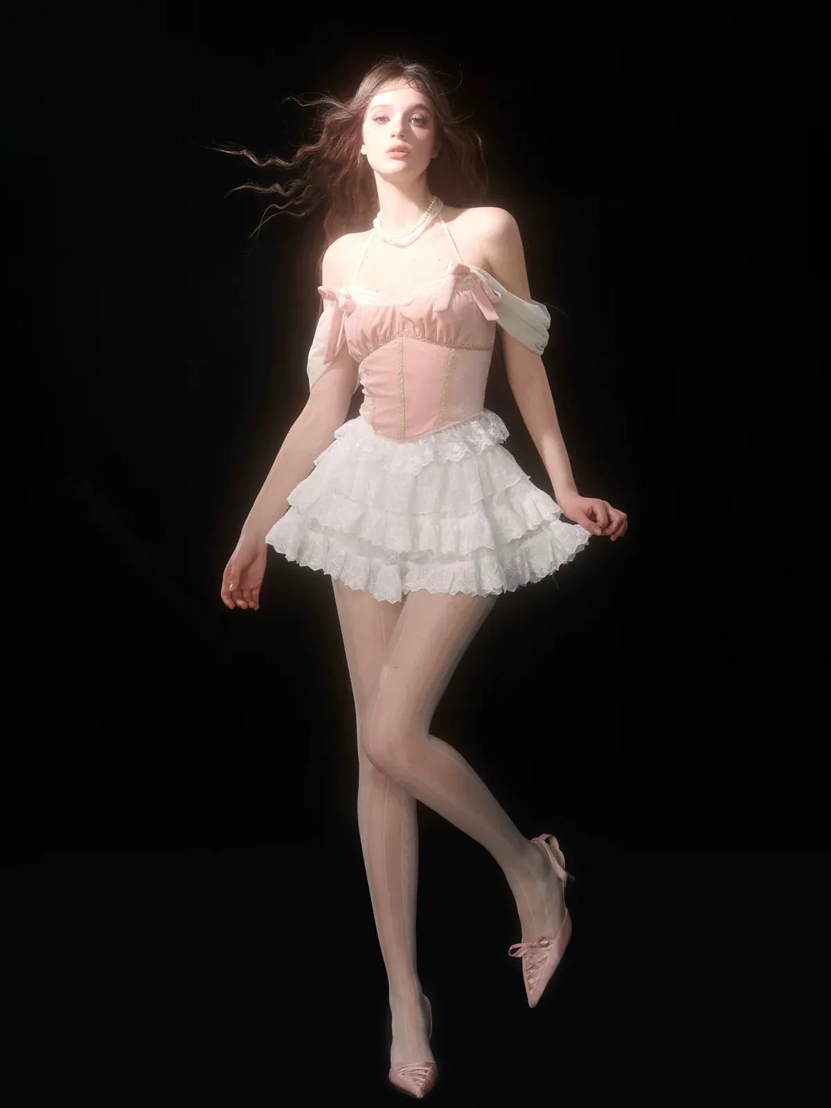 Lace White Lace Off-the-shoulder Cake Style   Ballet Skirt Top Pink Velvet Strap