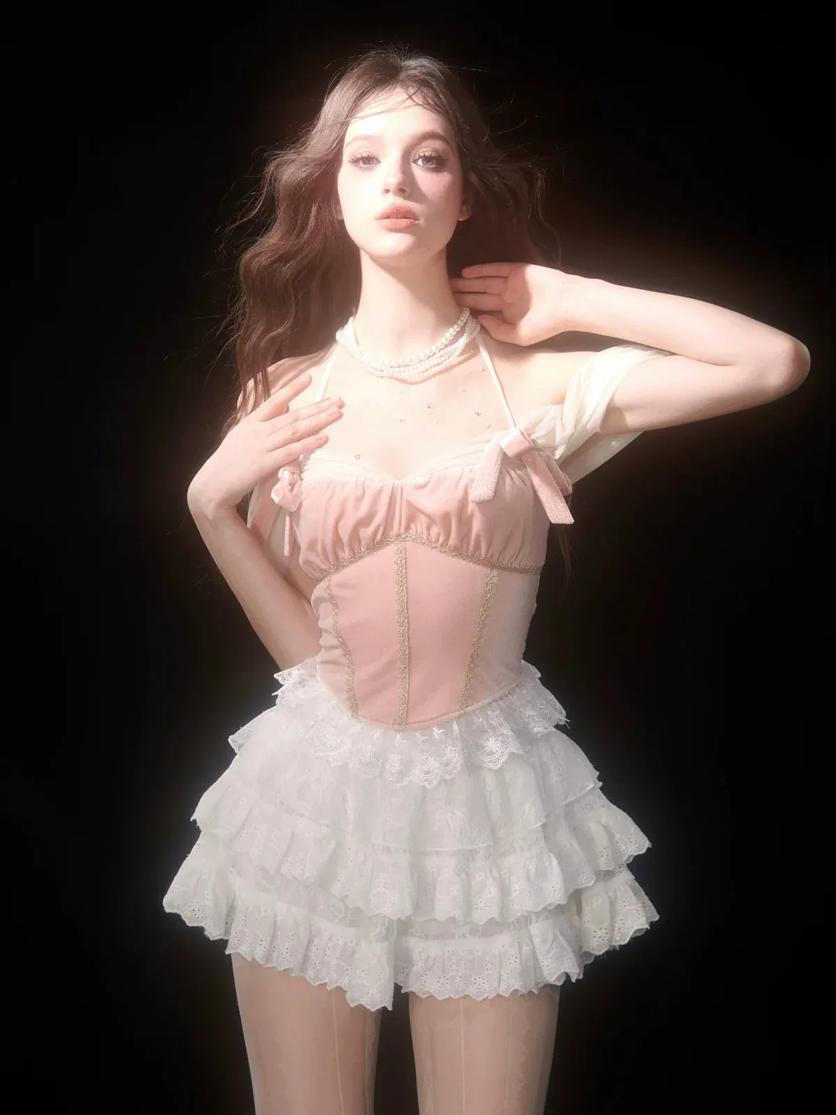 Lace White Lace Off-the-shoulder Cake Style   Ballet Skirt Top Pink Velvet Strap