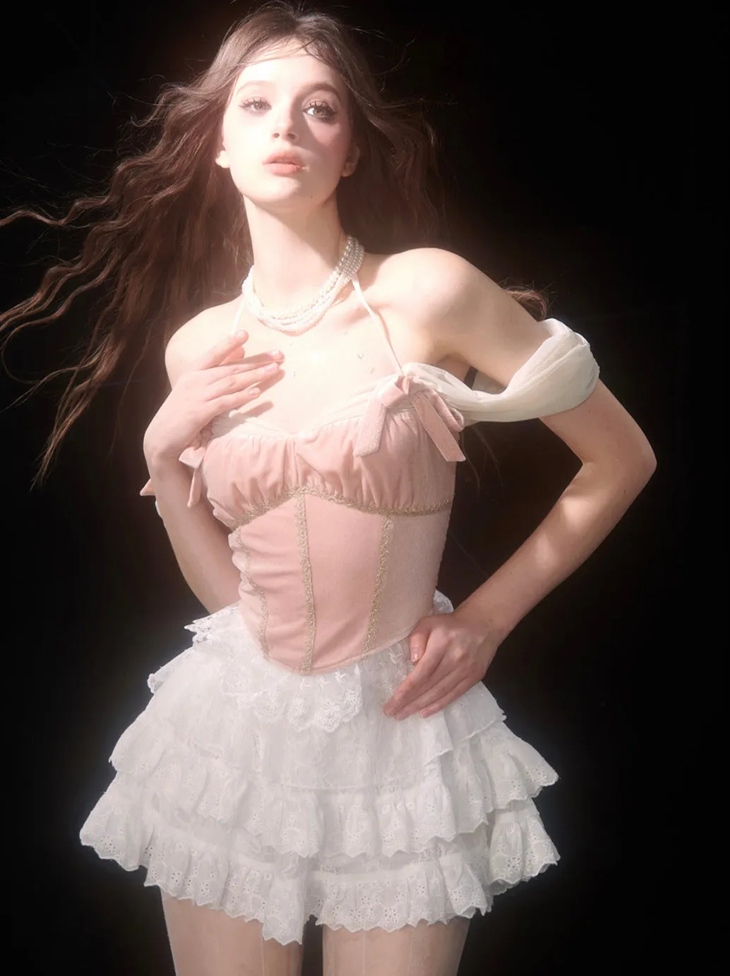 Lace White Lace Off-the-shoulder Cake Style   Ballet Skirt Top Pink Velvet Strap