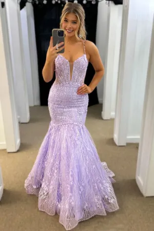 Long Prom Dress Lilac Mermaid Spaghetti Straps Charming Evening Party Dress