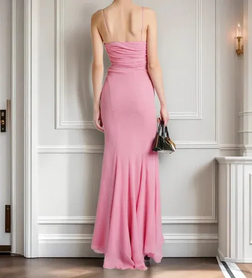 Mermaid Pink Chiffon Long Formal Prom Dress Charming Evening Party Dress