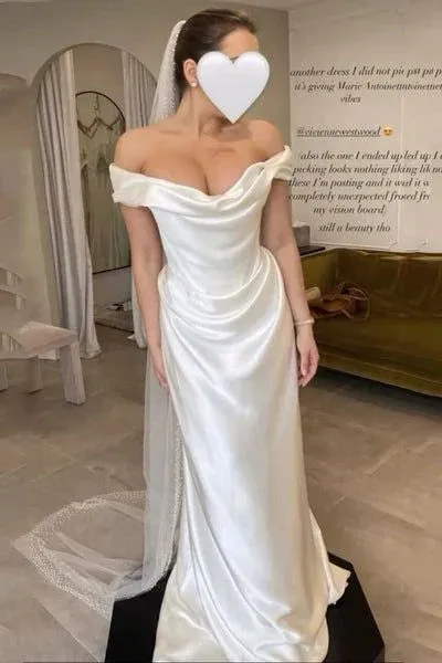 Off Shoulder Satin Simple Light Wedding Dress Floor Length Charming Party Dress