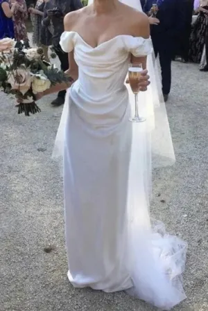 Off Shoulder Satin Simple Light Wedding Dress Floor Length Charming Party Dress
