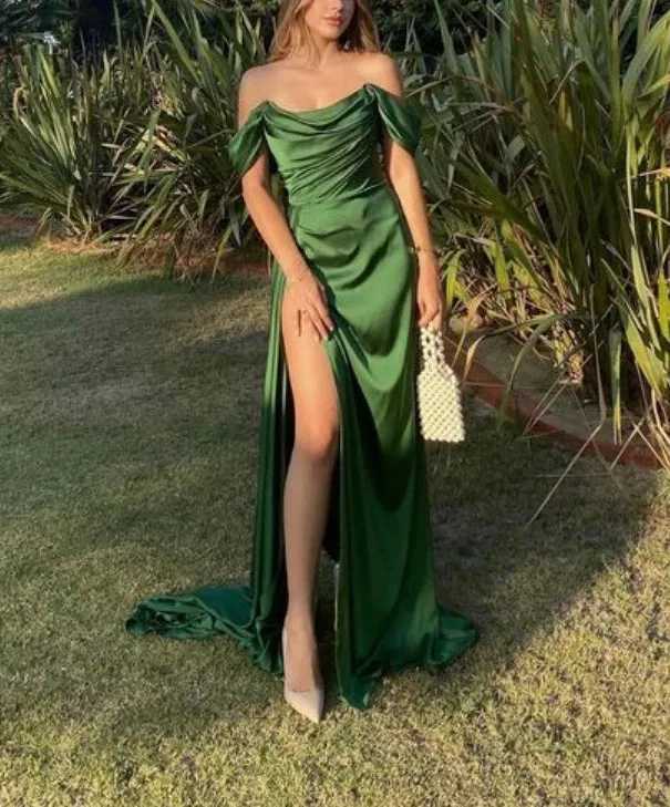 Off The Shoulder Green Slit Long Prom Dress Charming Evening Party Dress