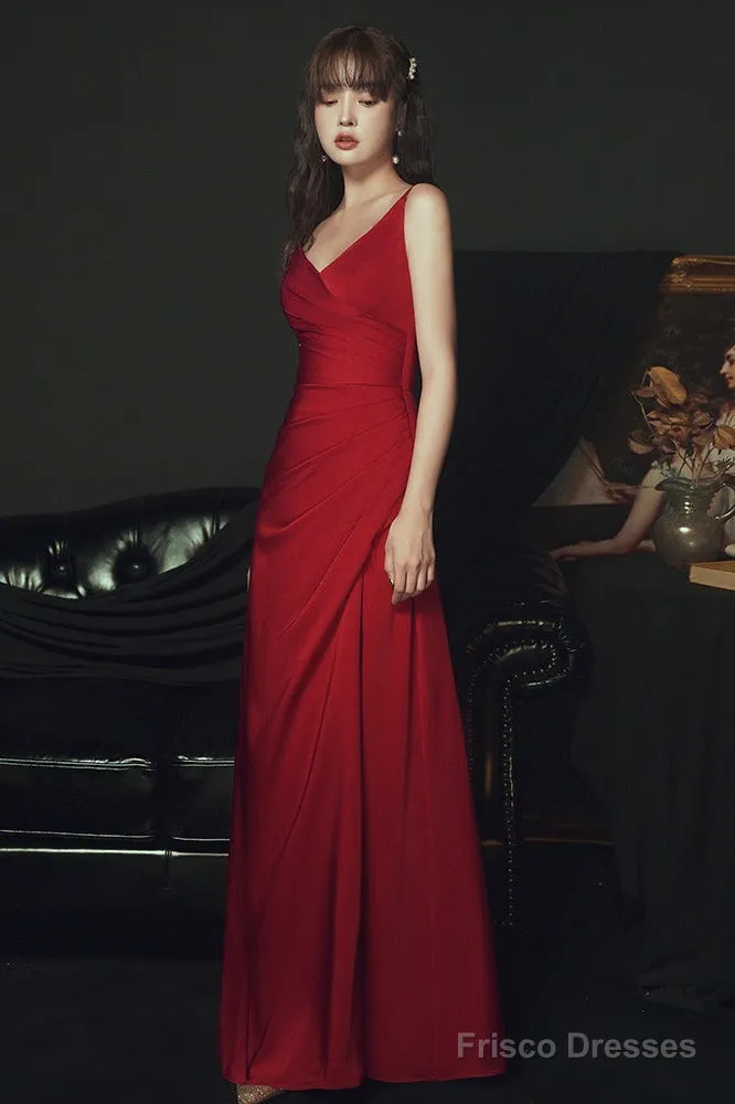 Sexy Wine Red Satin Straps Long Party Dress, Charming Dark Red Formal Dresses