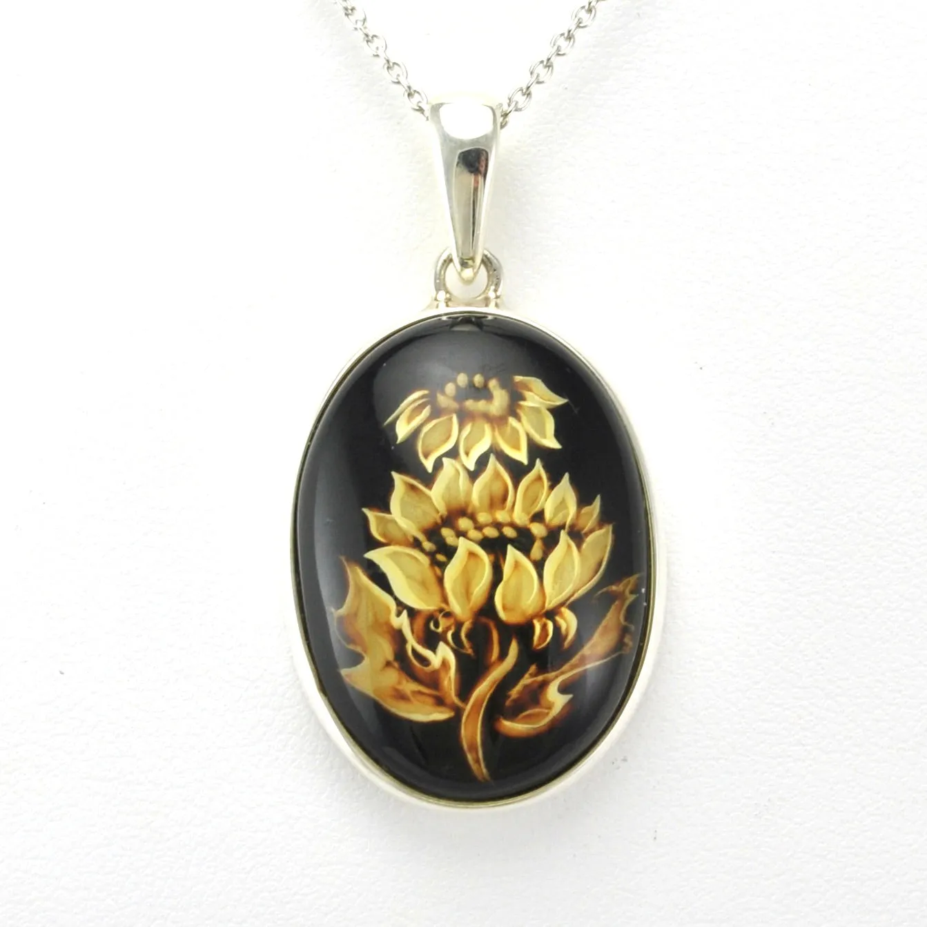Sterling Silver Amber Intaglio Sunflower Necklace