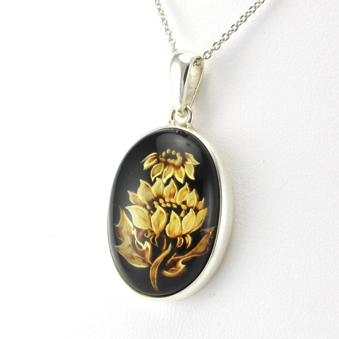 Sterling Silver Amber Intaglio Sunflower Necklace