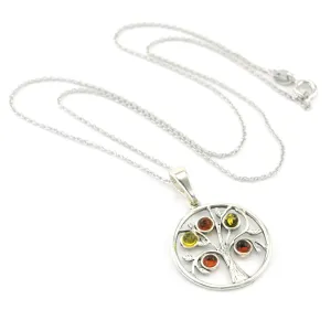 Sterling Silver Tree of Life with Multicolored Amber Necklace
