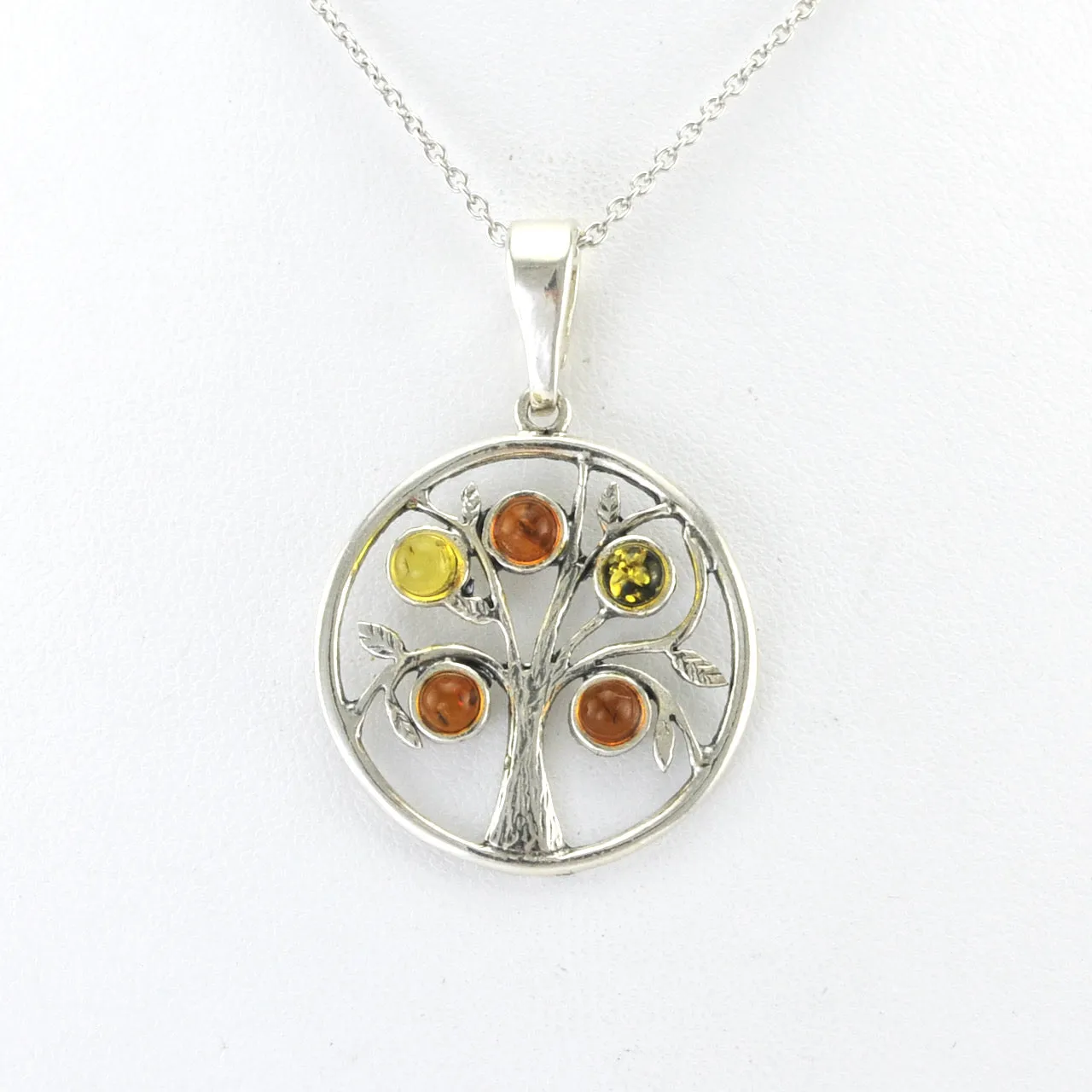 Sterling Silver Tree of Life with Multicolored Amber Necklace