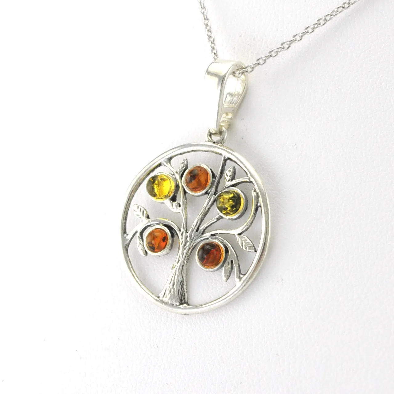 Sterling Silver Tree of Life with Multicolored Amber Necklace